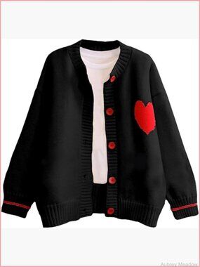 Cute Heart Print Y2K Button Front Knitted Cardigan Sweater